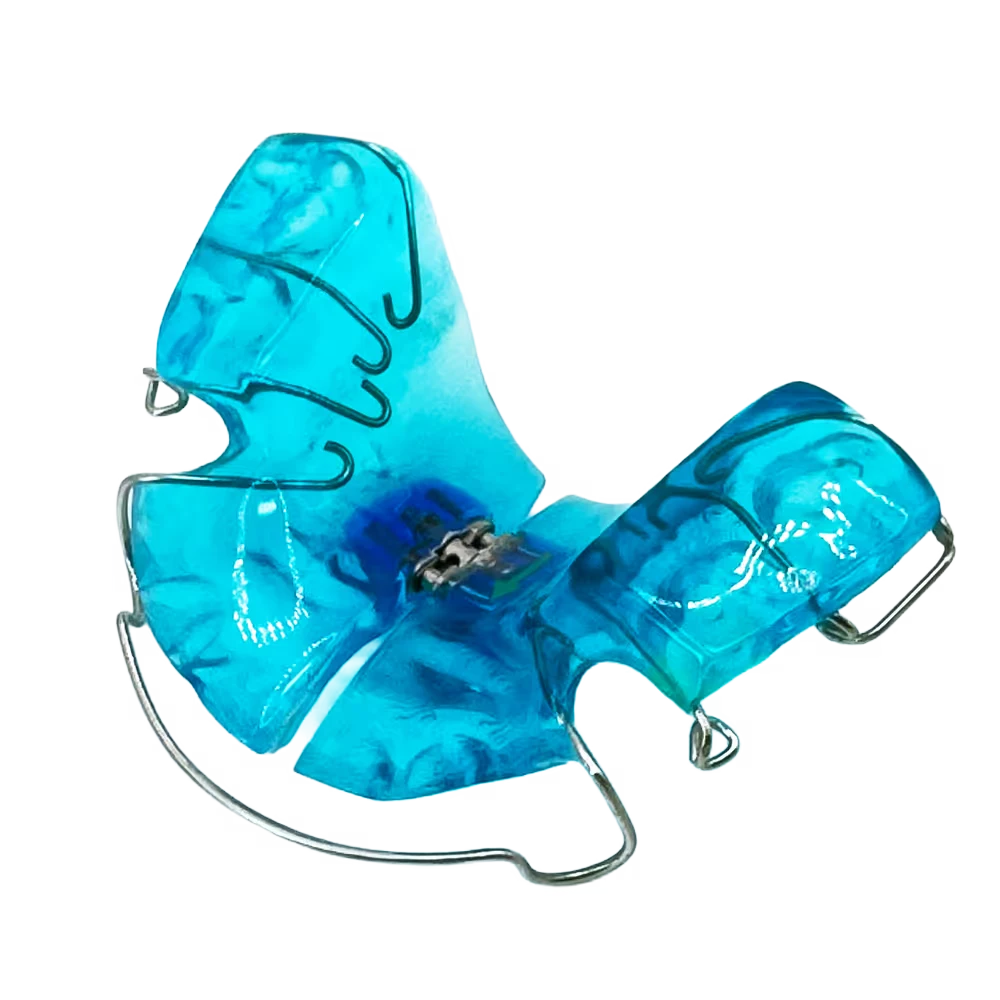 Blaue herausnehmbare Zahnspange mit Drahtbügeln.